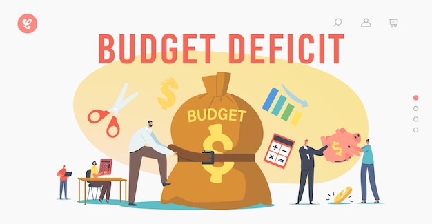 Modello di pagina di destinazione del deficit di budget. piccolo uomo d'affari carattere stretto enorme budget sacco con cintura. povero uomo e donna con salvadanaio vuoto. crisi economica degli uomini d'affari. illustrazione vettoriale dei cartoni animati