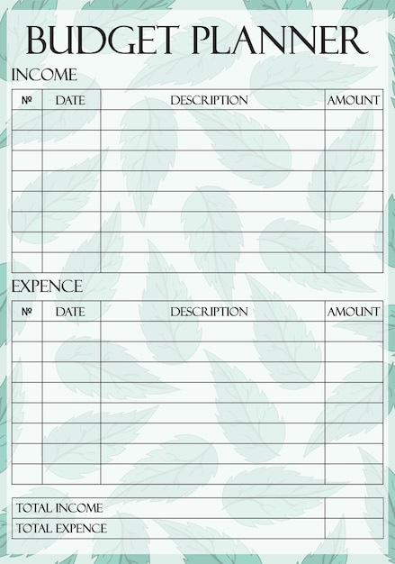 Vector budget planner template on mint leaves pastel background income expence savings budget allocation price amount payment bookkeeping financial management concept vector illustration