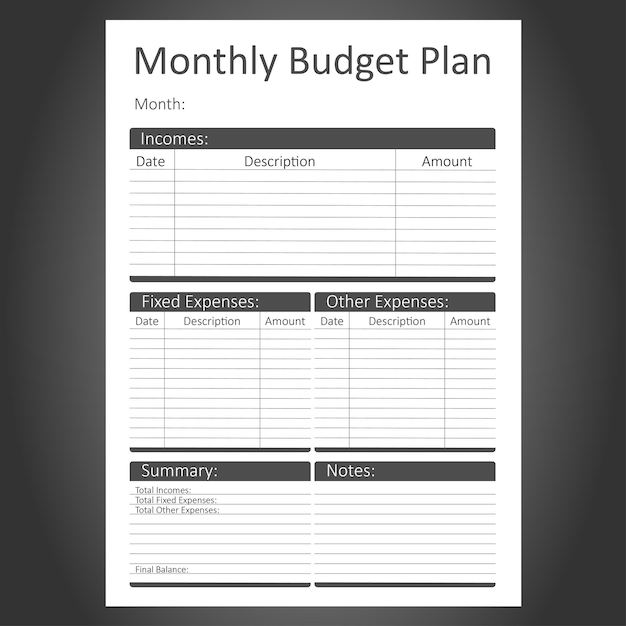 Vector budget planner template in simple black and white design