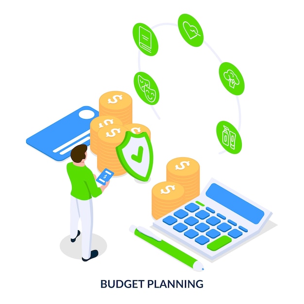 Budget planning. A man accounts his finances to various needs Isometric vector illustration.