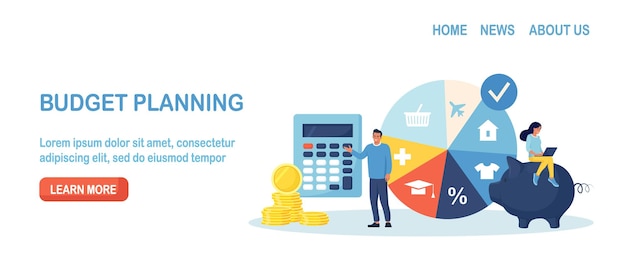 Budget planning People analyzing personal or corporate budget Finance accounting and calculation of financial income and expenses Man standing near round pie chart with indication of spendings