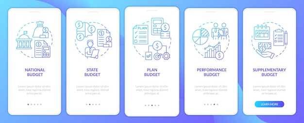 Schermata dell'app mobile onboarding con gradiente blu di tipi di budget