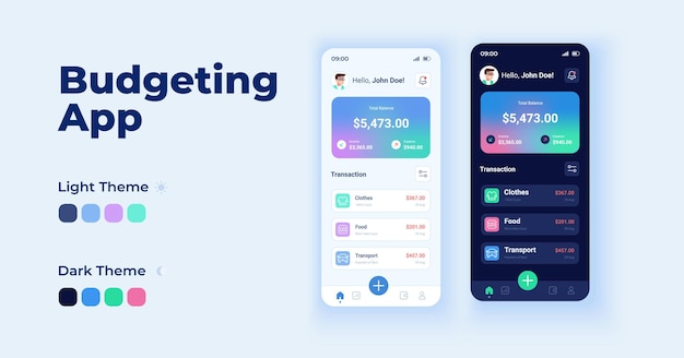 予算アプリ漫画スマートフォンインターフェースベクトルテンプレートセット。モバイルアプリの画面ページの日とダークモードのデザイン。アプリケーションの財務uiの管理。フラットな文字の電話ディスプレイ