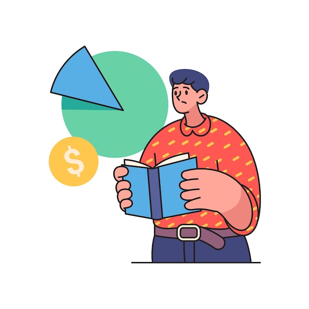 Budgeting and saving money flat cartoon vector illustration isolated male character with pie chart showing expenses and profit earning financial assets and investment accounting