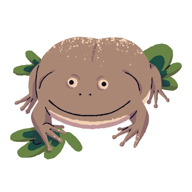 Budgett's frog sit in leaves Funny toad with smile on cute muzzle Exotic amphibian tropical animal wild rainforest froggy swamp inhabitant Flat isolated vector illustration on white background