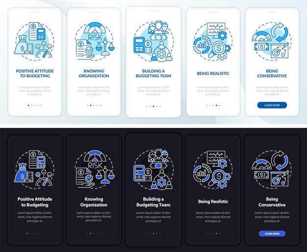 Budgettering nacht- en dagmodus onboarding mobiele app-scherm