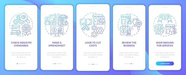 Budgettering voor kleine bedrijven blauwe gradiënt onboarding mobiele app-scherm Doorloop 5 stappen grafische instructiepagina's met lineaire concepten UI UX GUI-sjabloon Myriad ProBold Regelmatige gebruikte lettertypen