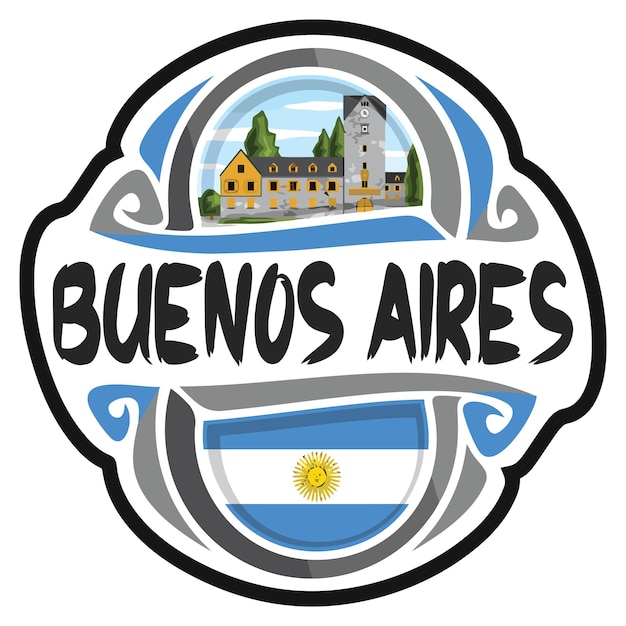 ブエノスアイレス アルゼンチン フラグ旅行お土産ステッカー スカイライン ロゴ バッジ スタンプ シール エンブレム ベクトル