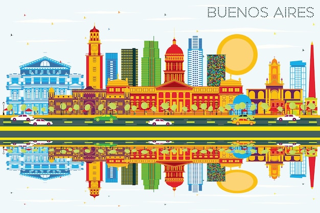 Vector buenos aires skyline with color landmarks, blue sky and reflections. vector illustration.