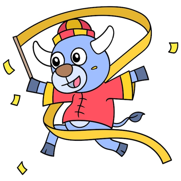 Buffalo celebrate chinese new year playing with joy, doodle draw kawaii. illustration art