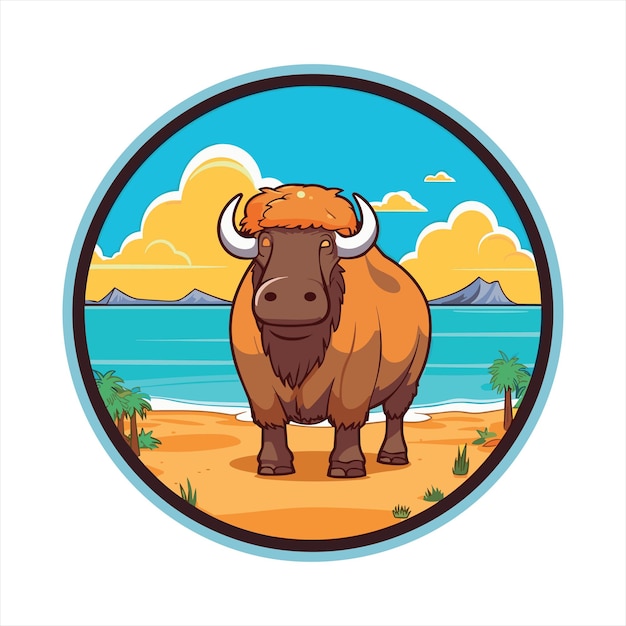 Buffalo Cute Funny Cartoon Kawaii Colorful Watercolor Beach Summer Animal Pet Sticker Illustration