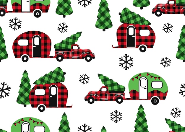 Buffalo Plaid Christmas transport Rode vrachtwagen en camper Feestelijk naadloos patroon Vectorillustratie