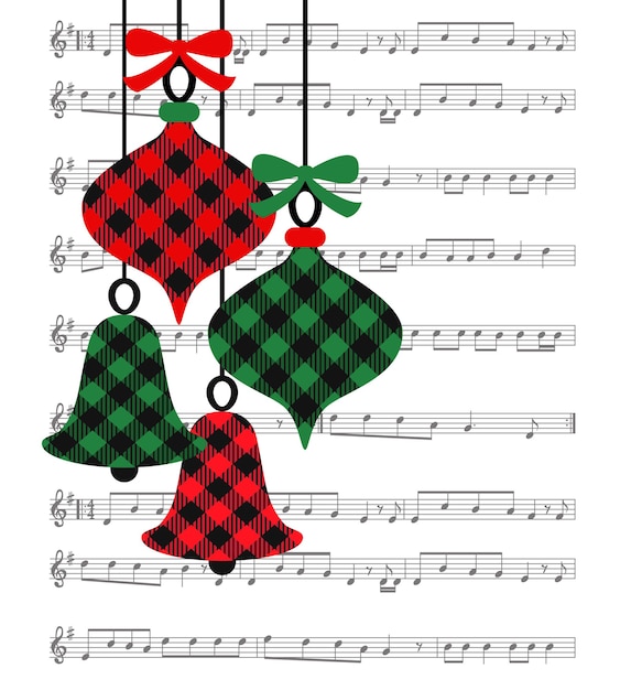 Vector buffalo plaid christmas tree toys on the background of the music page festive vector illustration