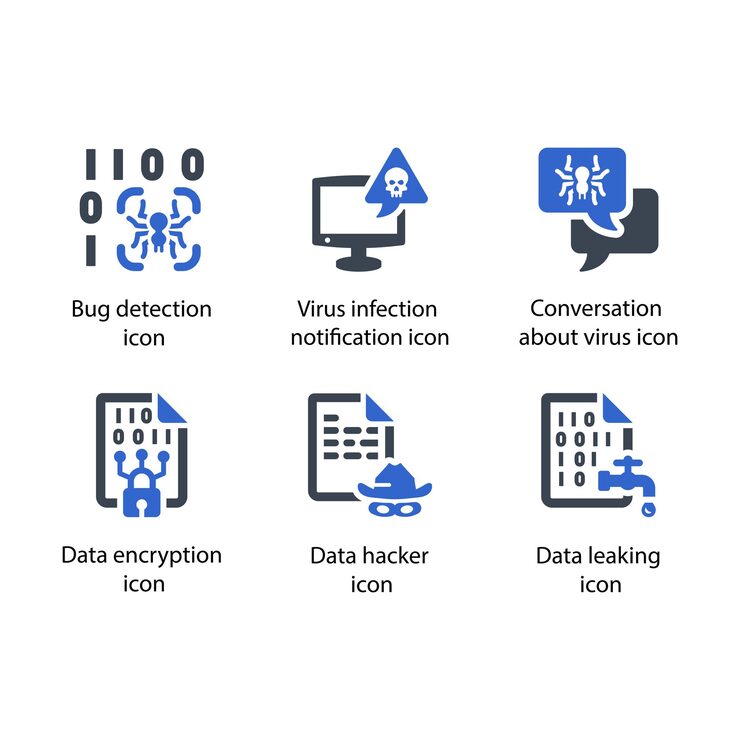Vector bug detection virus notification conversation data encryption data hacker data leaking icon