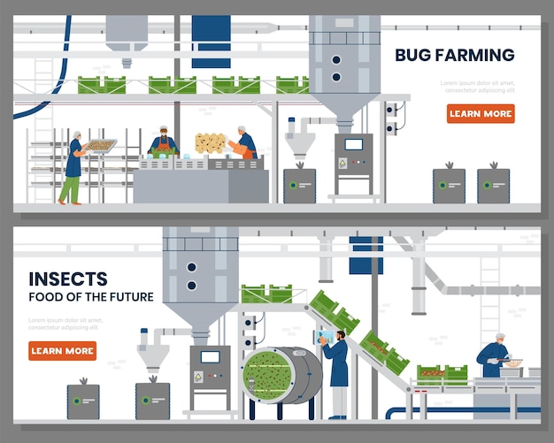 ベクトル バグの養殖。ワーカーがいる自動化されたバグ ファームの内部。未来の代替食としての昆虫