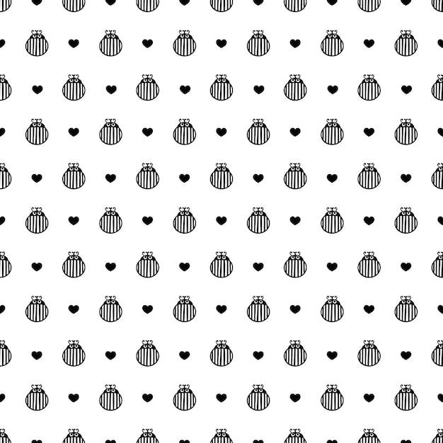 Bug and hearts black and white on a white  background seamless vector pattern