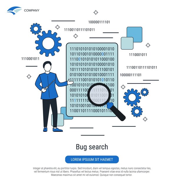 Bug search error fixing flat design style vector concept illustration