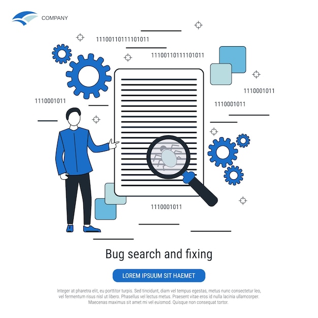 Bug search error fixing flat design style vector concept illustration