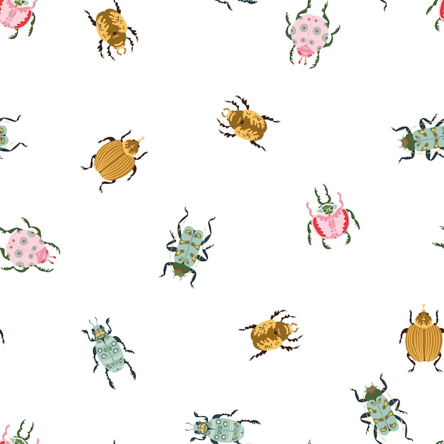 Bug species and exotic beetles vector seamless pattern Insect bugs in flat cartoon style texture