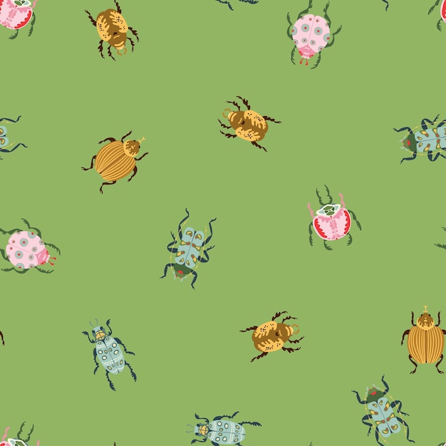 Bug species and exotic beetles vector seamless pattern Insect bugs in flat cartoon style texture