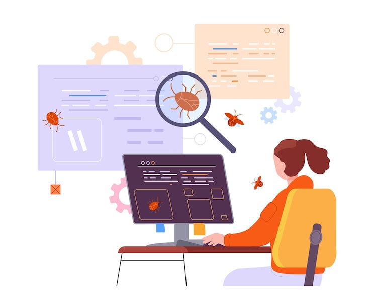 Vector bug tester woman programmer testing software system for error or virus developer looking magnifier search it application bugs web test computer coding illustration
