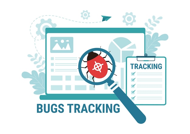 Bug tracking vector illustration con protezione del telefono cellulare da virus informatico su grande schermo nella sicurezza del sito web modelli disegnati a mano di cartoni animati piatti