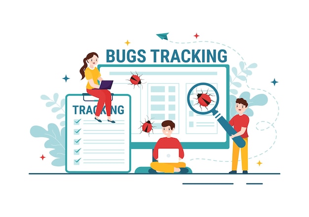 Bug tracking vector illustration with mobile phone protection from computer virus on big screen in website security flat cartoon hand drawn templates