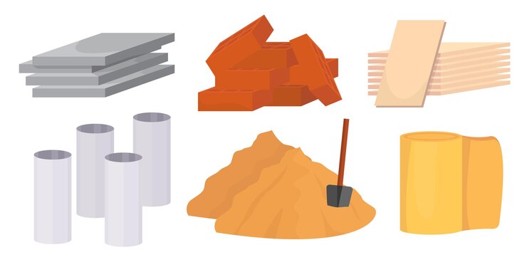 build materials set construction industry supplies insulation roofing cartoon minimalistic items bricks sand cement cement slabs vector cartoon flat blocks for building collection