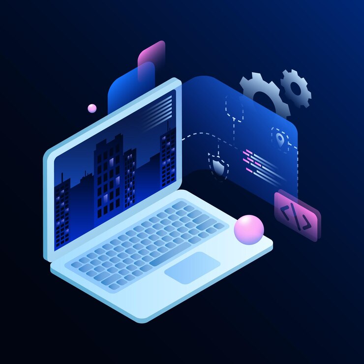 Vector build your city in metaverse illustration creation process using a laptop metaworld