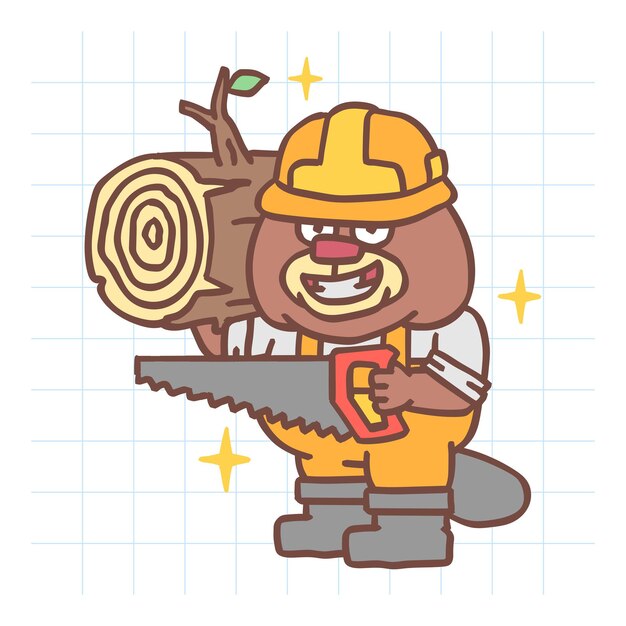 Builder beaver holding saw holding wooden log and smiling. hand drawn character. vector illustration