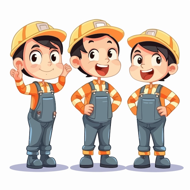 Builder boy dressed in construction gear vector illustration young kid multipose