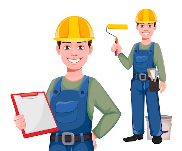 Builder cartoon character, set of two poses