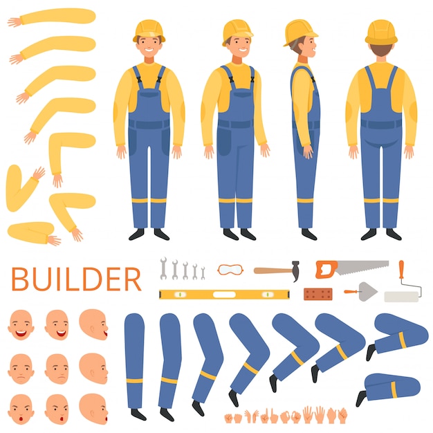 Строитель анимации персонажей. Части тела голова руки шапка руки инженера или строителя мужской талисман комплект для создания