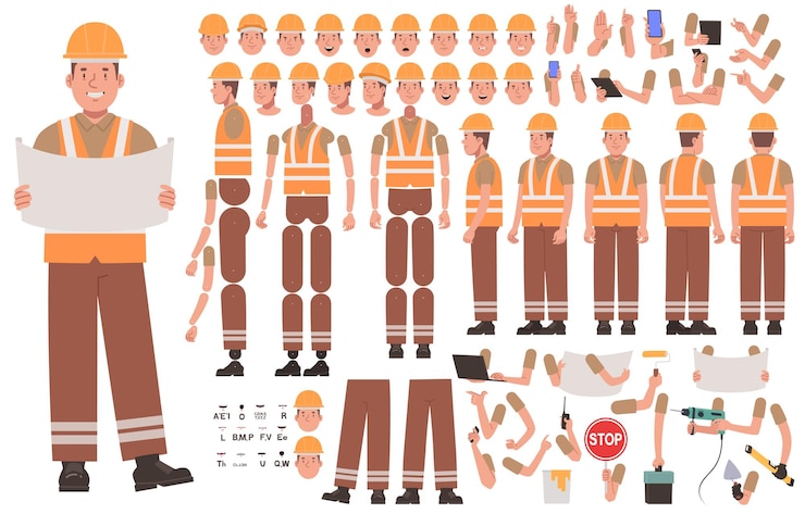 Vector builder character constructor man uniform helmet worker foreman set creating animations_ai_generated