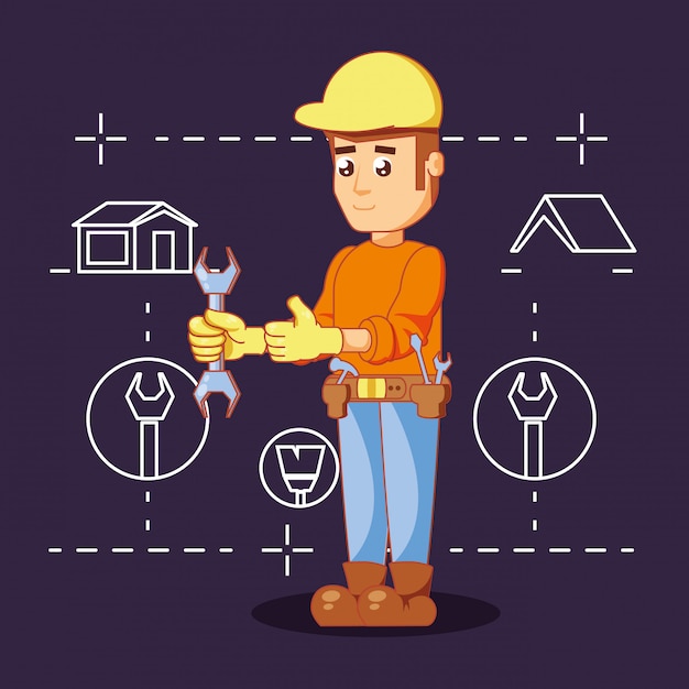 Builder character with home repair icons