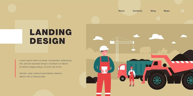 Builder characters in uniform at construction site.\
construction workers and heavy machinery flat vector illustration.\
development, engineering, industry concept for website design or\
landing web page