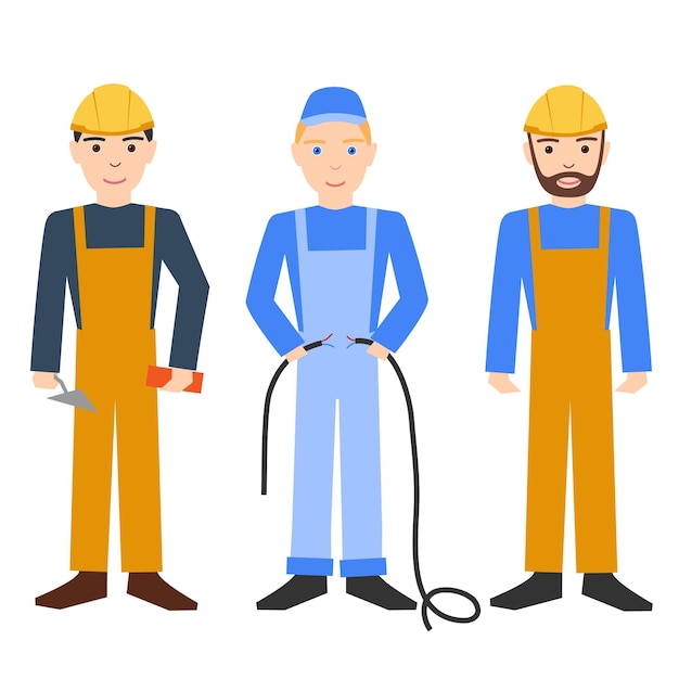 Vector builder, electrician and handyman. profession. workers in hard hats.