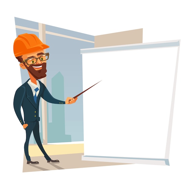 Builder foreman worker man character making presentation. vector flat cartoon illustration