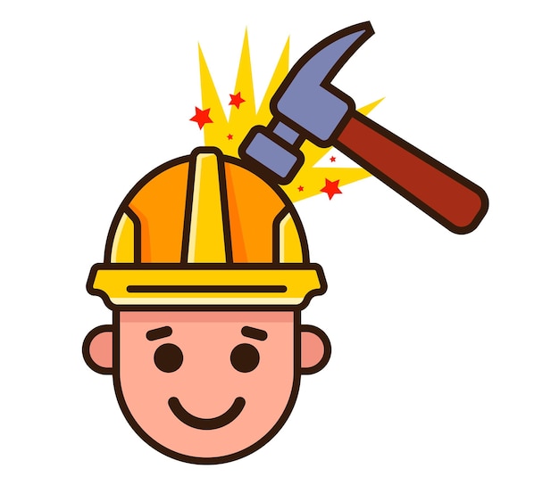 The builder gets on the helmet with a hammer an accident at a construction site flat vector illustration