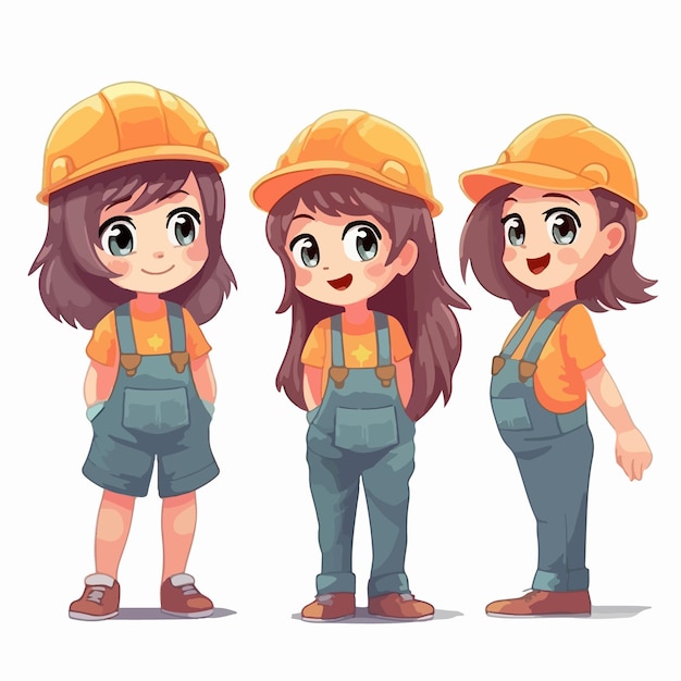 Builder girl with construction outfit vector pose little child cartoon illustration