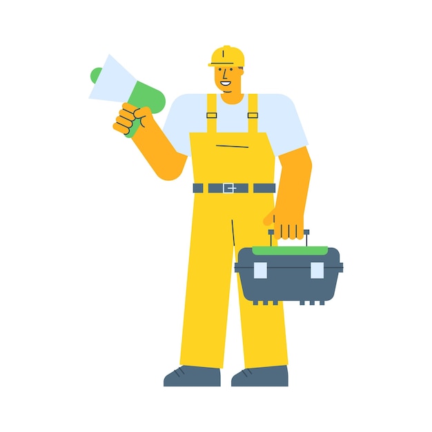 Vector builder holding megaphone and holding suitcase