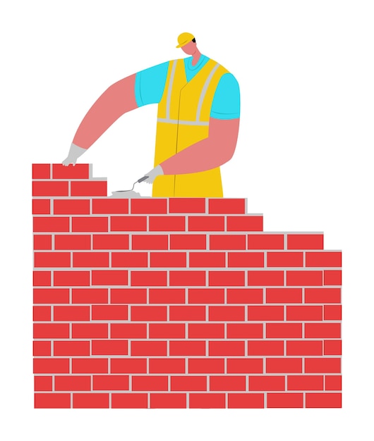 Builder male character in protect helmet building brick wall, construct masonry flat.