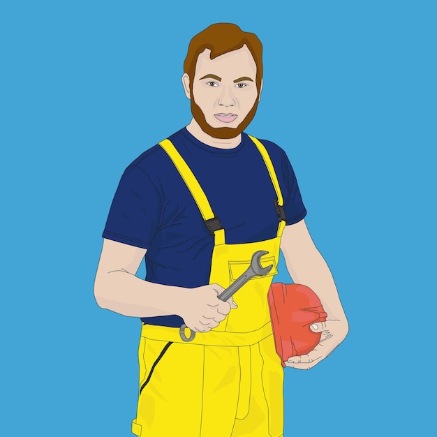 Builder man holding wrench and helmet