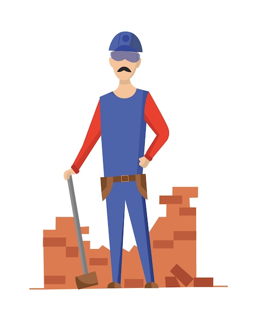 Vector builder. mason. construction worker with professional equipment during building activity.  professional construction worker character.