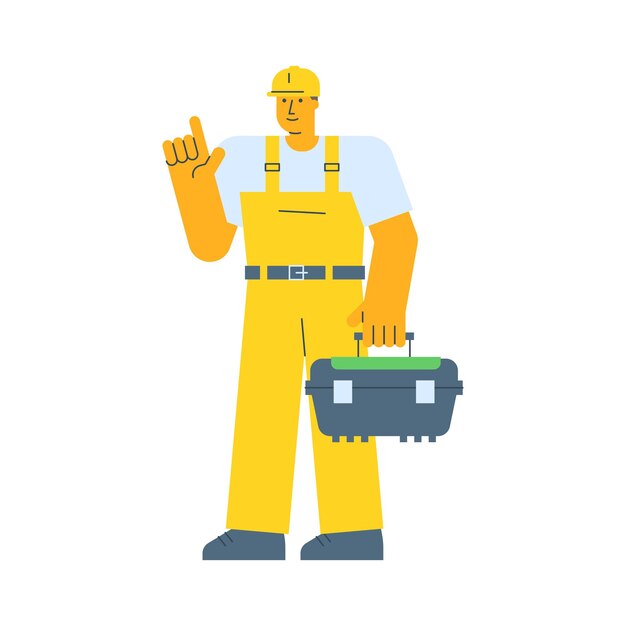 Vector builder points finger up and holding suitcase