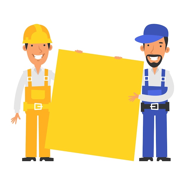 Builder and repairman hold large blank sign. Vector characters. Vector Illustration