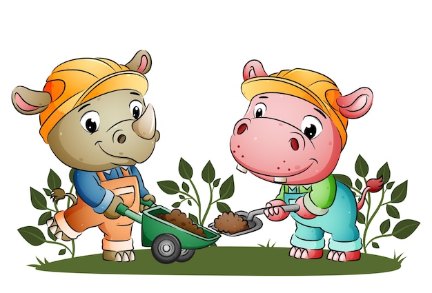 The builder rhino and hippopotamus are moving the ground to the wheelbarrow of illustration