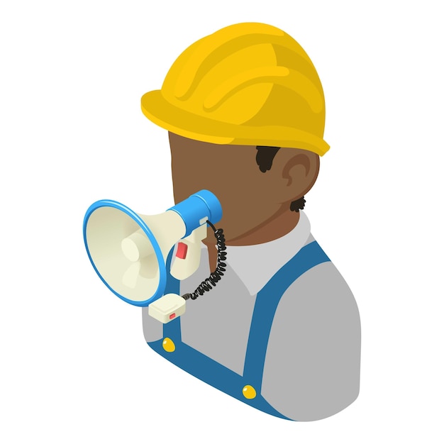 Vector builder speech icon isometric vector male builder character with loudspeaker public speaking announcement