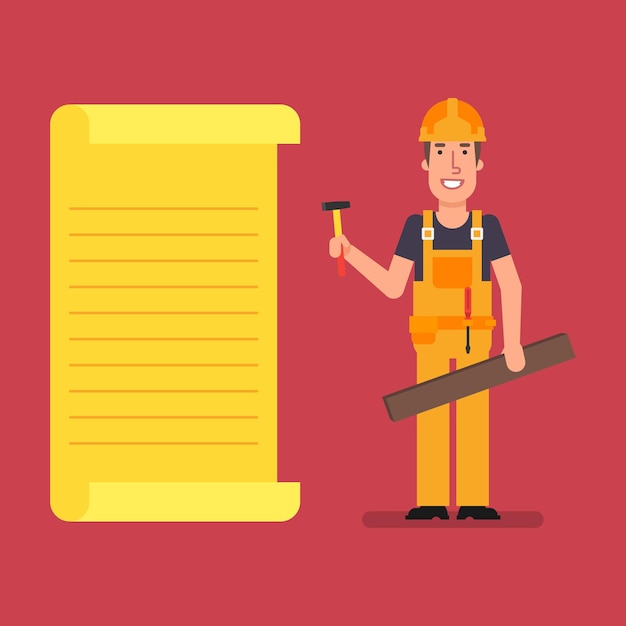 Builder stands near paper list holds hammer and wooden board. working people. vector illustration.