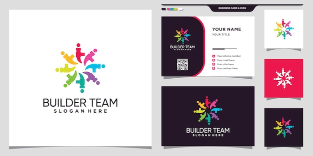 Builder team community-logo met hamerpictogram en visitekaartjeontwerp premium vector